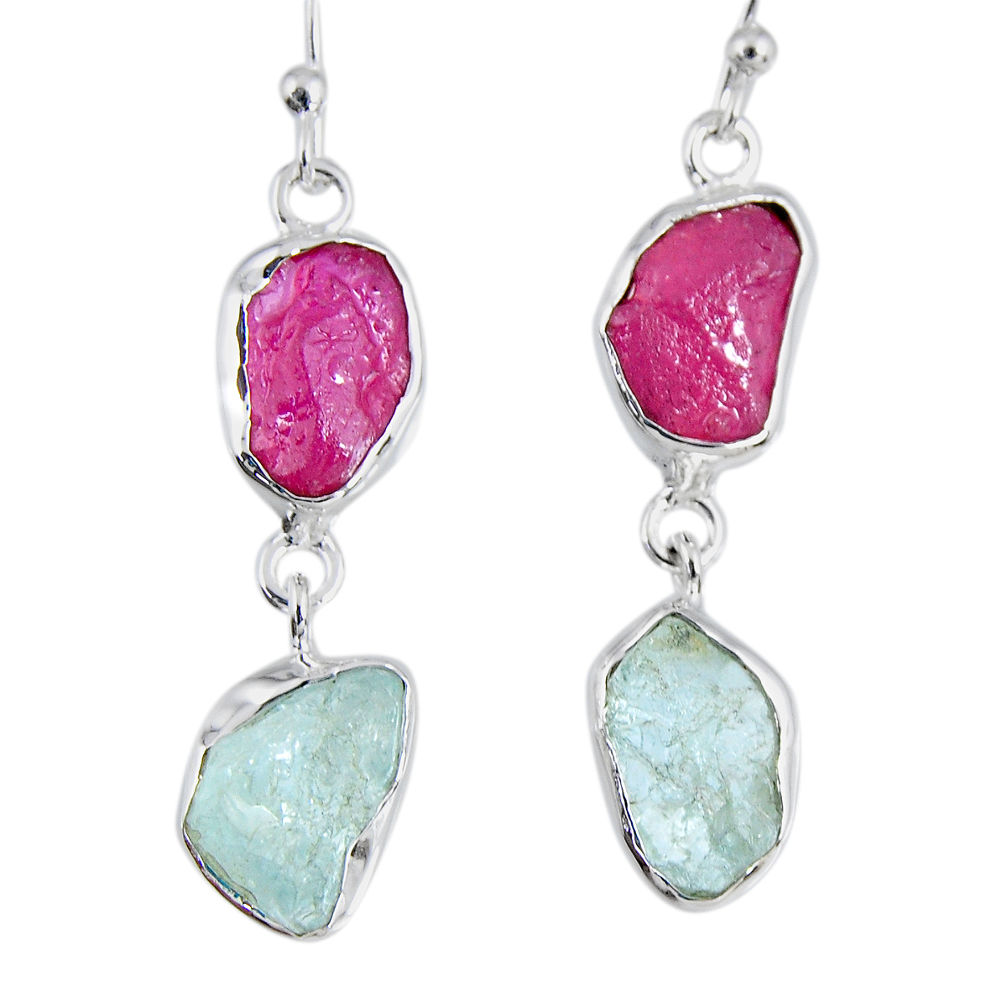 925 silver 16.17cts natural pink ruby rough aquamarine rough earrings r55418