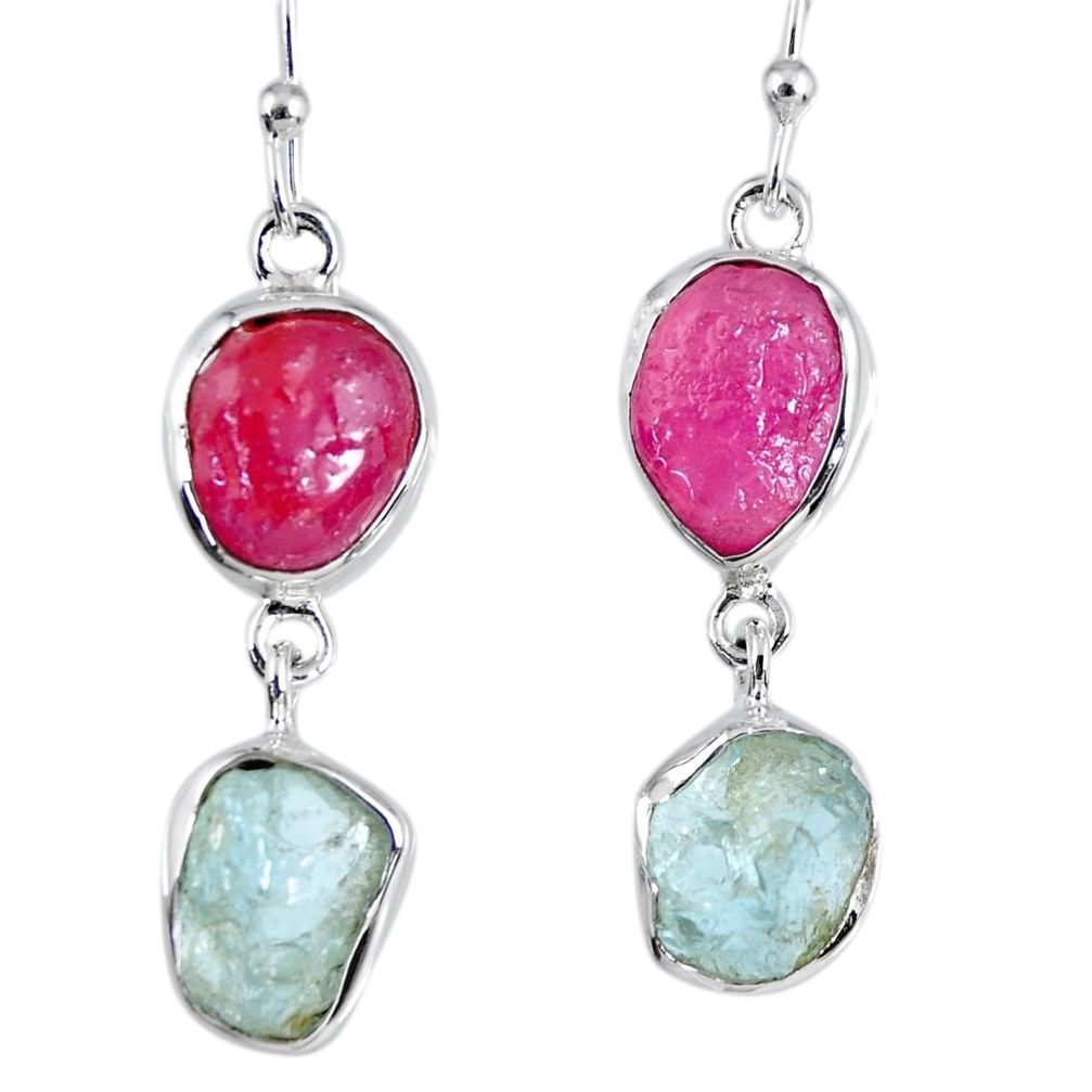 925 silver 16.70cts natural pink ruby rough aquamarine rough earrings r55420