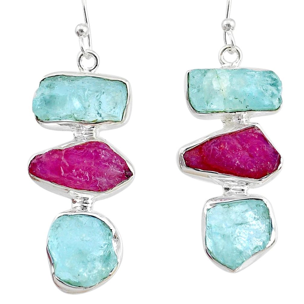 925 silver 22.73cts natural pink ruby raw aquamarine rough earrings r73013