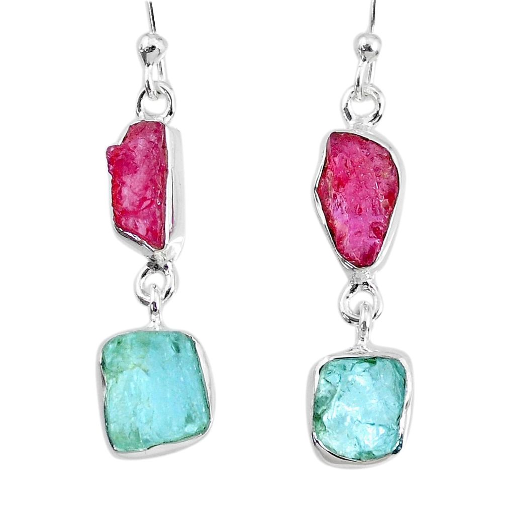 925 silver 10.28cts natural pink ruby raw aquamarine rough earrings r74306