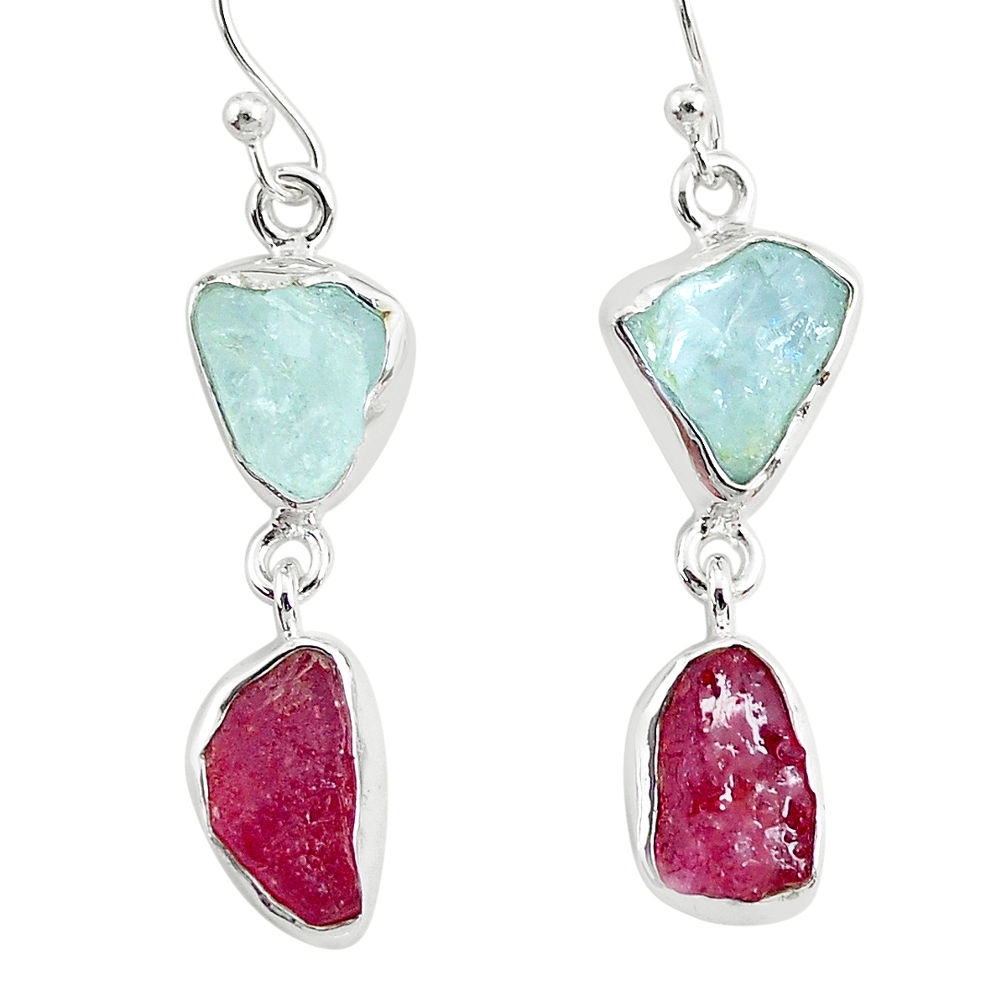 925 silver 12.17cts natural pink ruby raw aquamarine rough earrings r93664