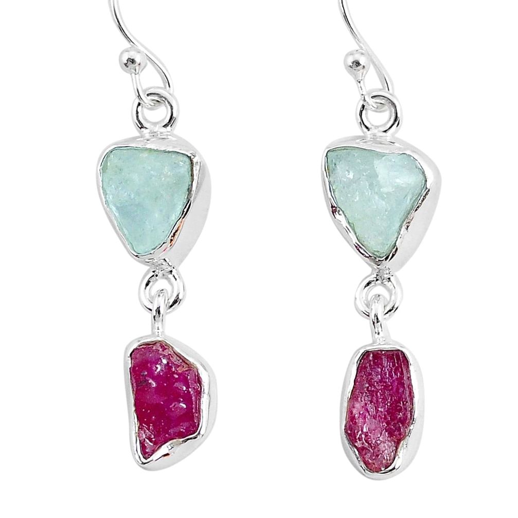 925 silver 10.79cts natural pink ruby raw aquamarine rough earrings r93667