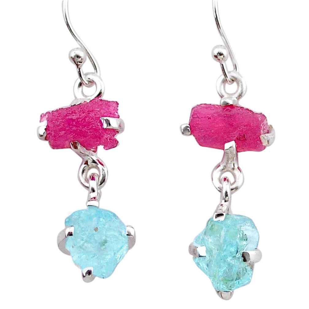 925 silver 7.63cts natural pink ruby rough aquamarine raw earrings t25584