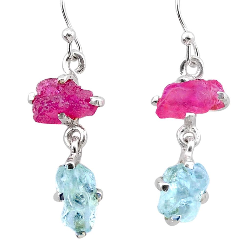 925 silver 8.68cts natural pink ruby rough aquamarine raw earrings t25588