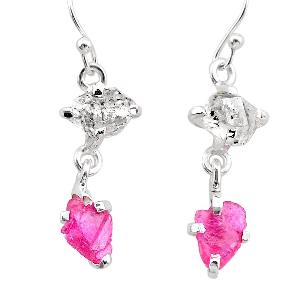 925 silver 8.15cts natural pink ruby rough herkimer diamond earrings t25549