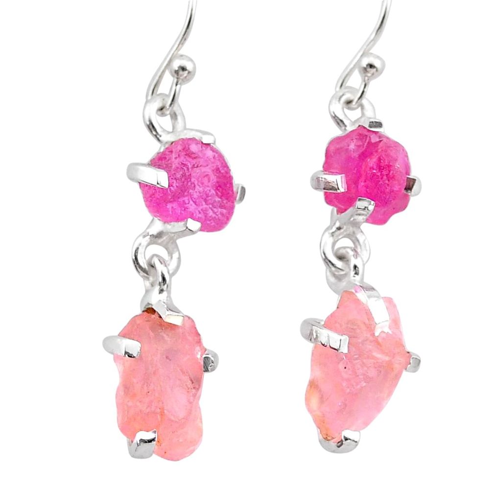 925 silver 10.48cts natural pink ruby rough rose quartz raw earrings t25614