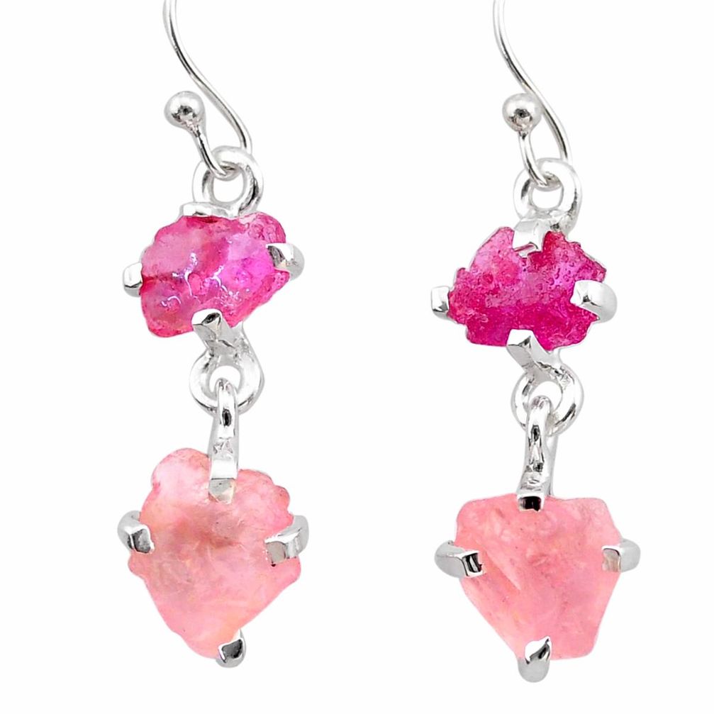925 silver 8.42cts natural pink ruby rough rose quartz raw earrings t25616