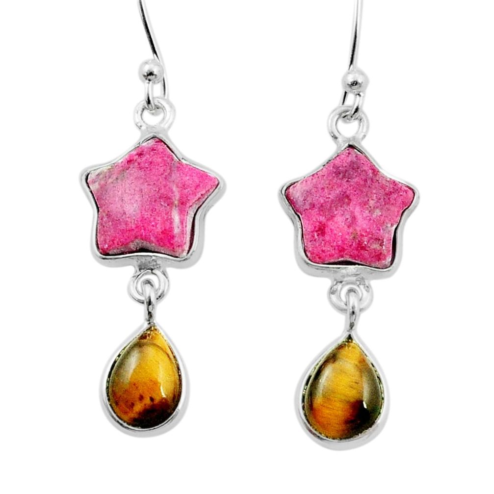 925 silver 8.60cts natural pink thulite tiger's eye star fish earrings u37357