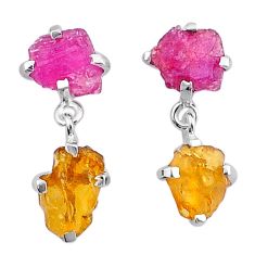 925 silver 9.83cts natural pink yellow tourmaline rough dangle earrings u26899
