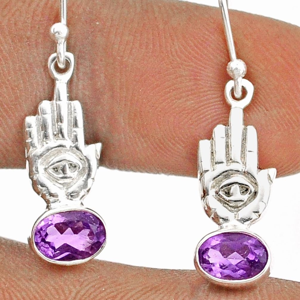 925 silver 3.18cts natural purple amethyst hand of god hamsa earrings t85338