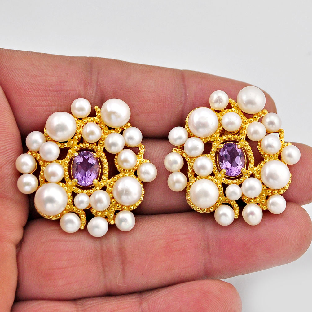 Clearance Sale- 925 silver 28.89cts natural purple amethyst pearl round gold earrings y63272