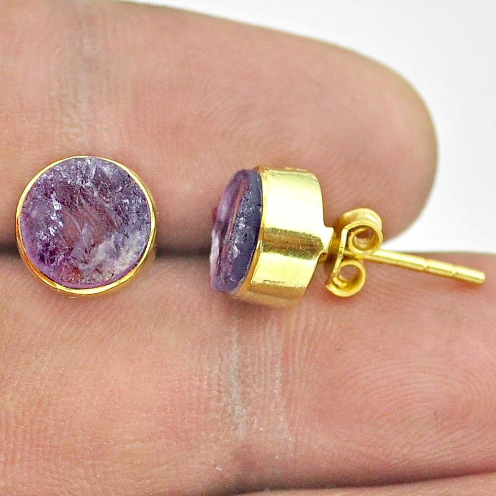925 silver 6.64cts natural purple amethyst raw 14k gold stud earrings t52348
