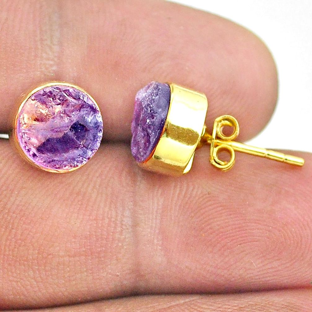 925 silver 6.70cts natural purple amethyst raw 14k gold stud earrings t52388