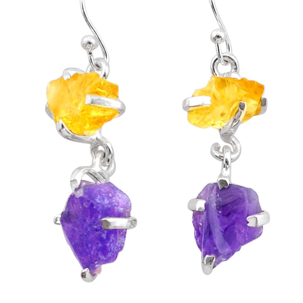 925 silver 10.72cts natural purple amethyst rough citrine raw earrings t25558