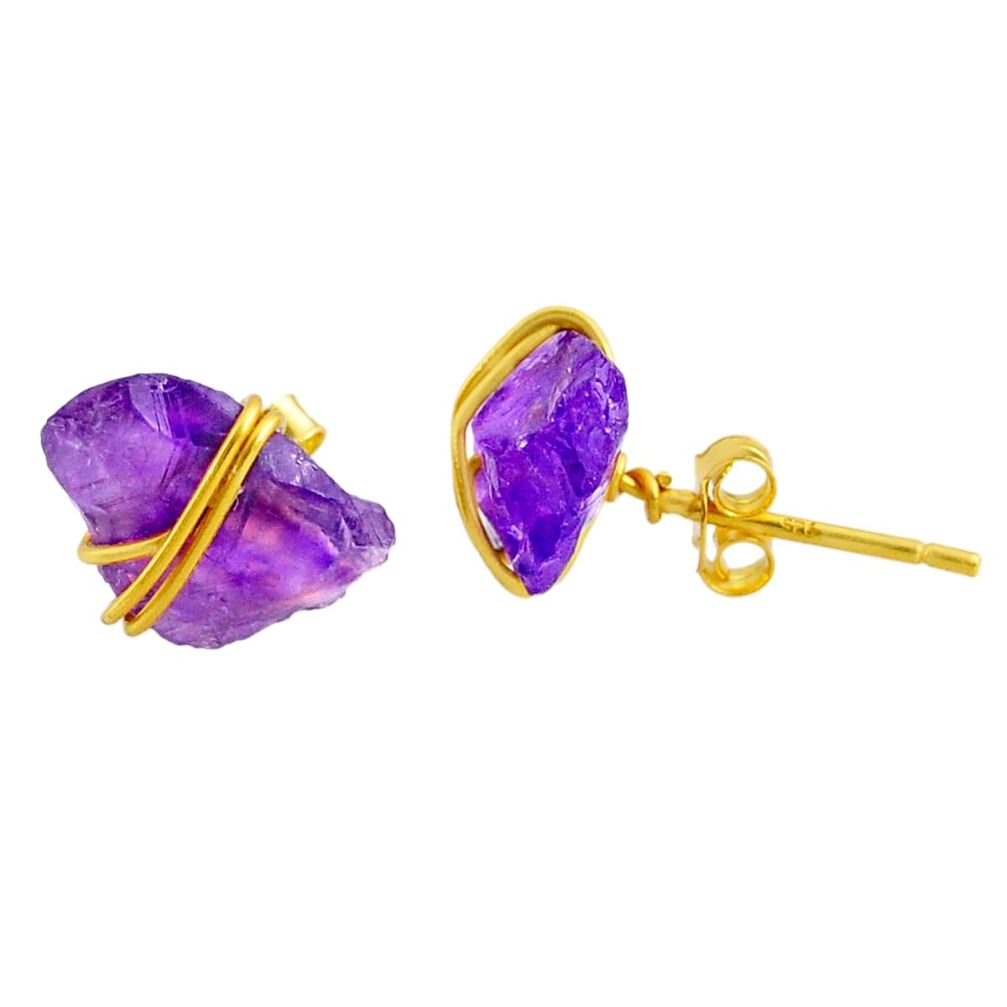 6.55cts natural purple amethyst raw fancy 14k gold handmade stud earrings r79768