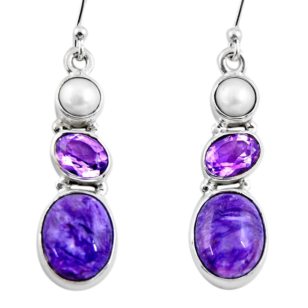 925 silver 11.89cts natural purple charoite (siberian) pearl earrings r53749
