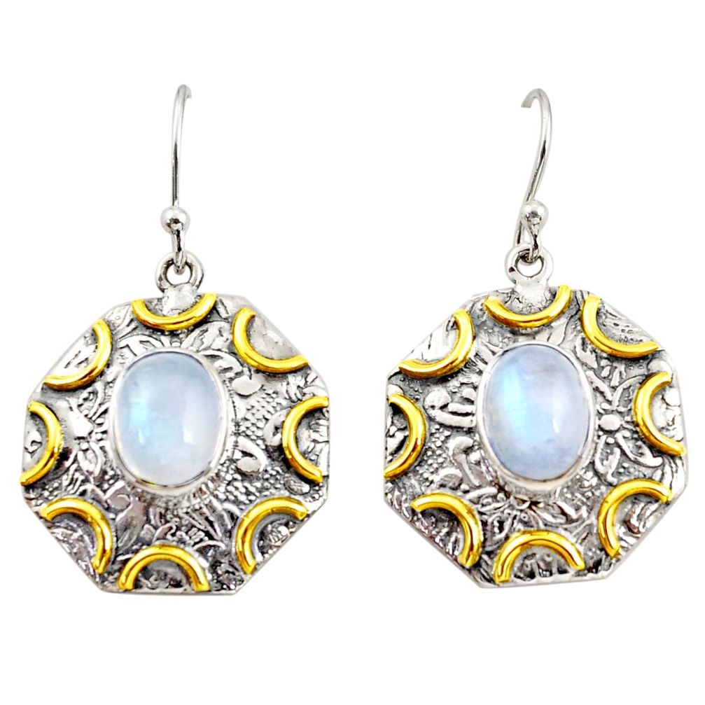 925 silver 6.30cts natural rainbow moonstone 14k gold dangle earrings r37200