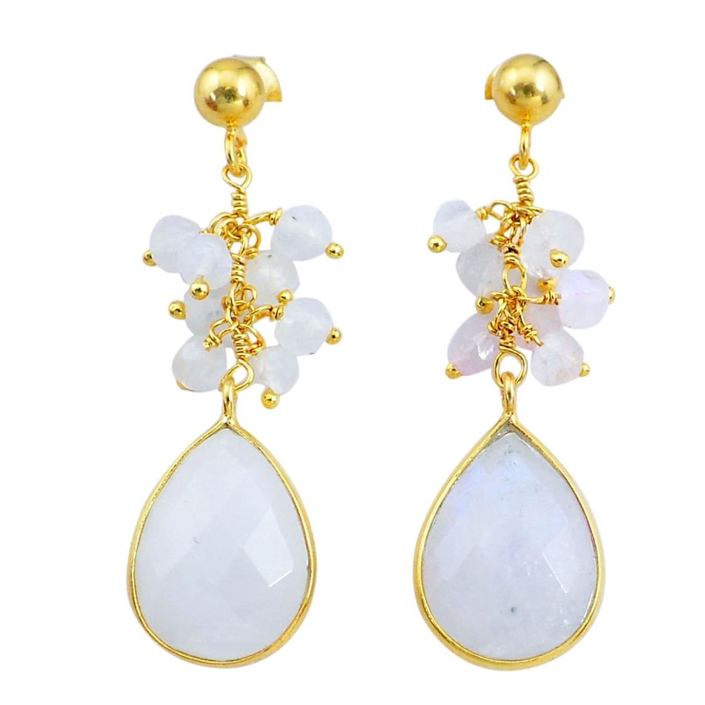 Handmade18.15cts natural rainbow moonstone 14k gold dangle earrings t16615