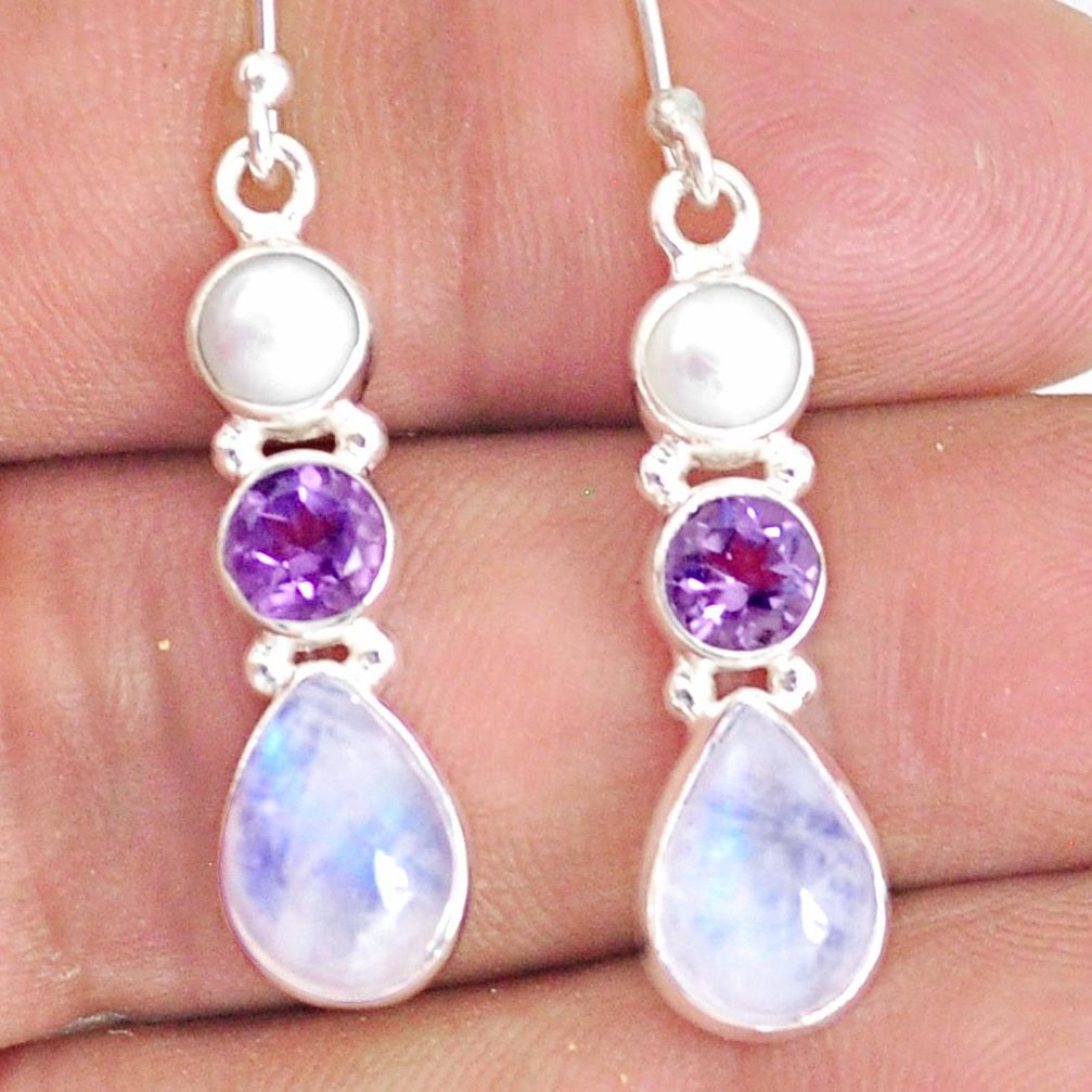 925 silver 9.61cts natural rainbow moonstone amethyst dangle earrings r76584