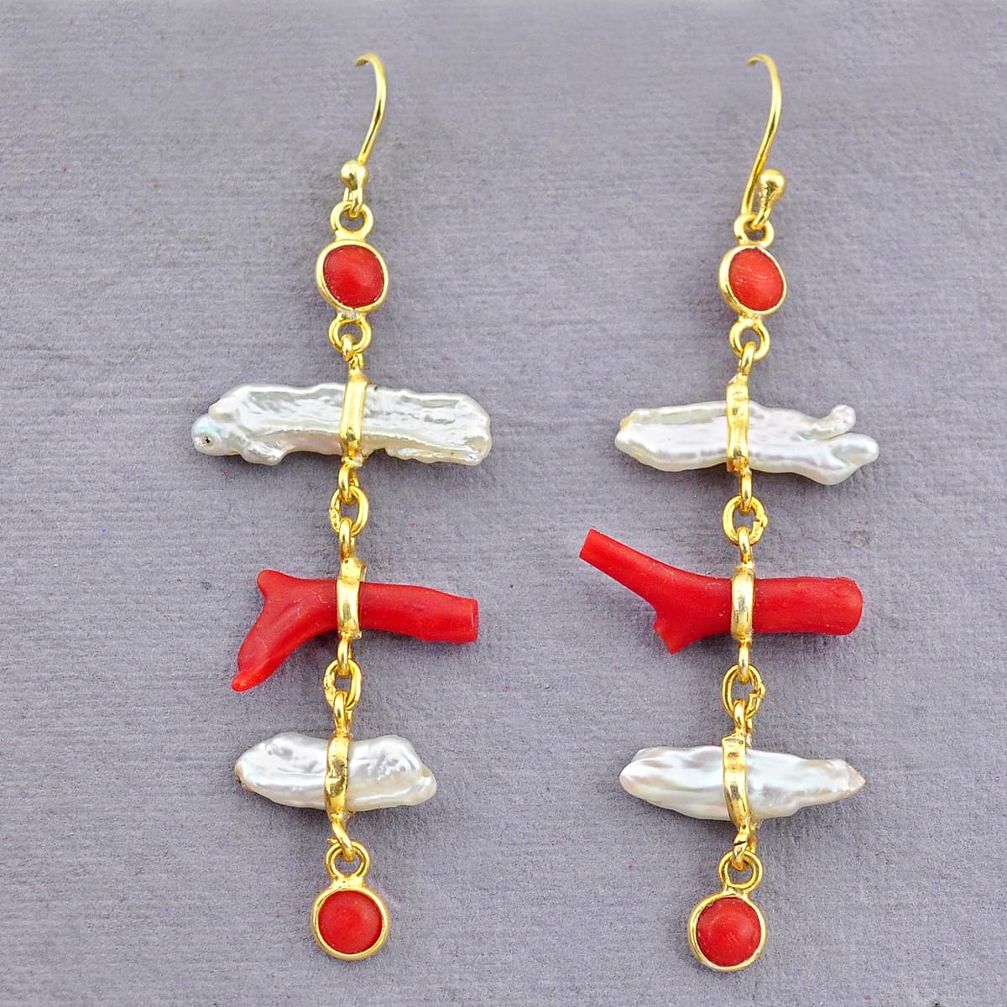 10.28cts natural red coral pearl 14k gold dangle earrings jewelry t10924