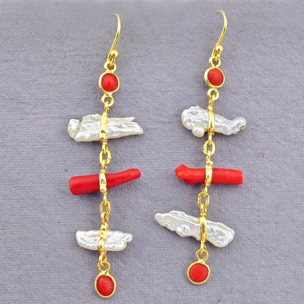 10.67cts natural red coral pearl 14k gold handmade dangle earrings t10927