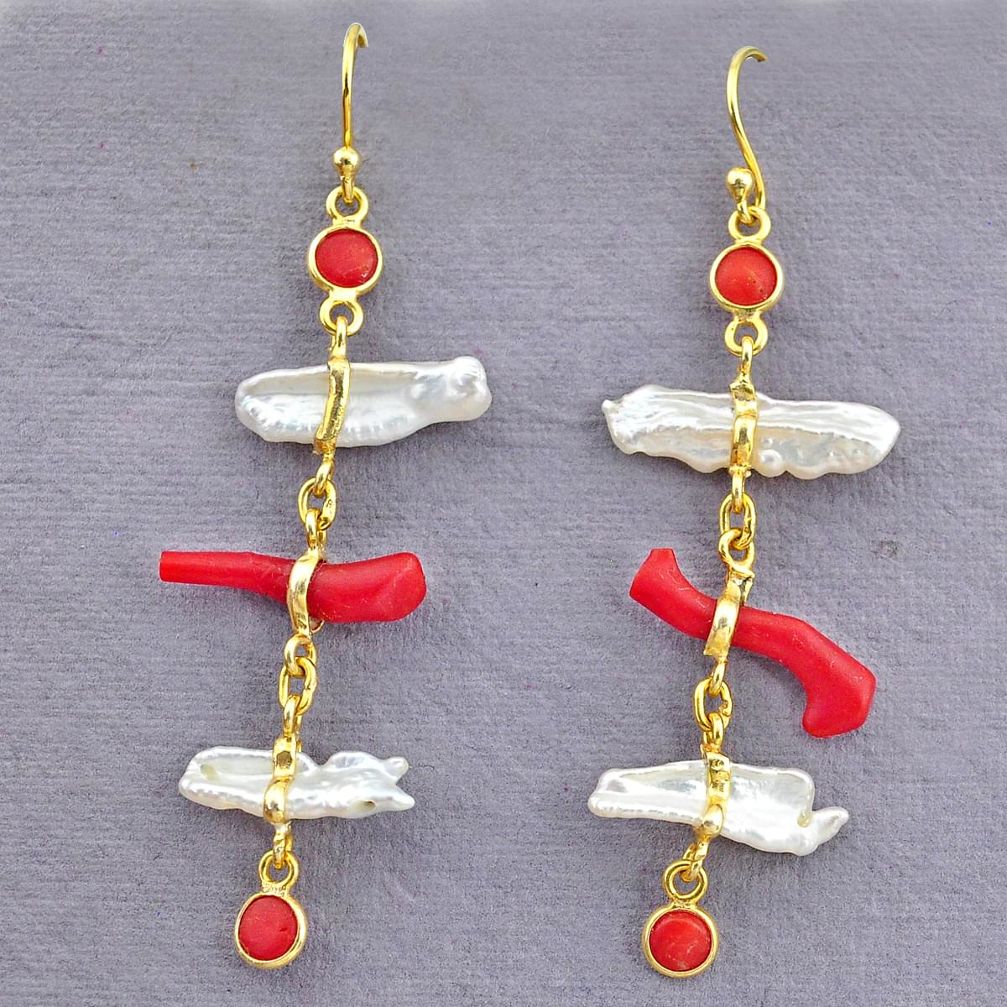 11.40cts natural red coral pearl 14k gold handmade dangle earrings t10935