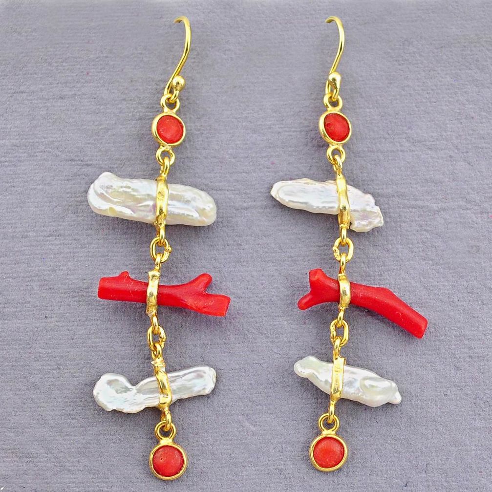 10.84cts natural red coral pearl 14k gold handmade dangle earrings t10938