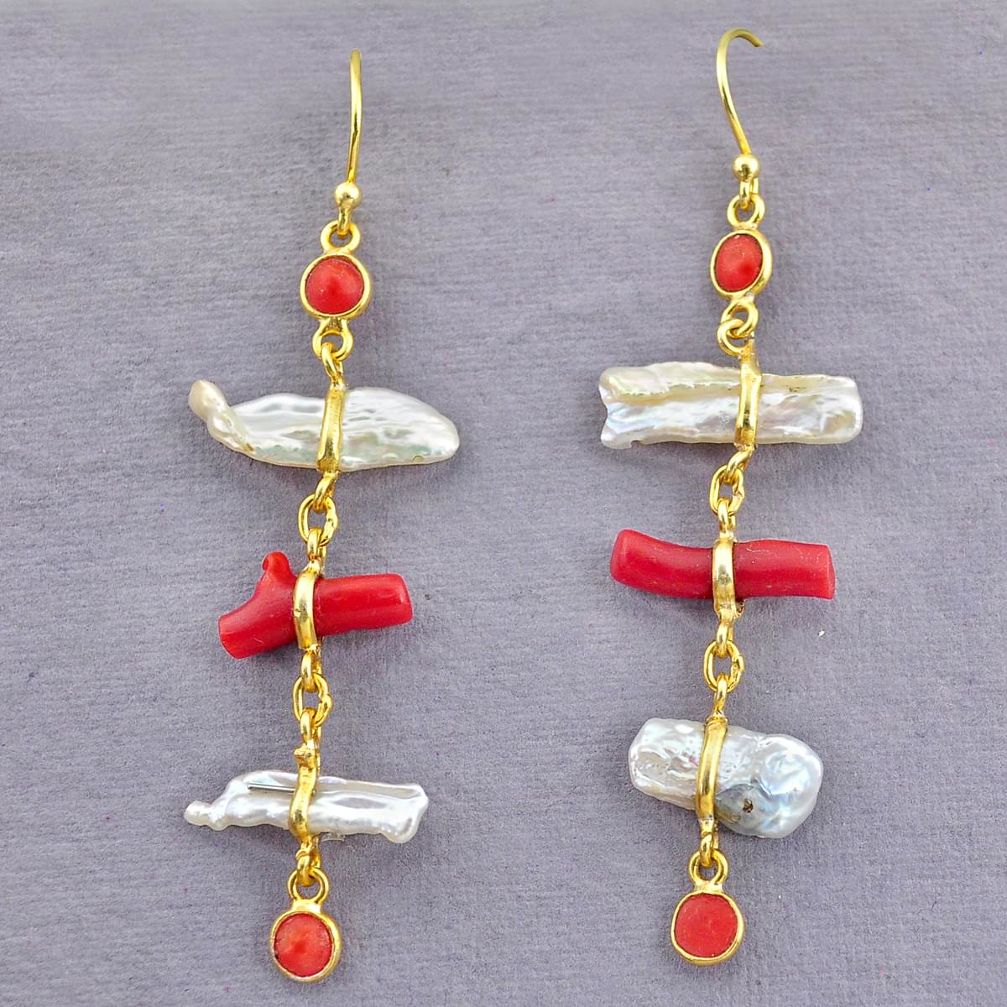 925 silver 12.01cts natural red coral pearl 14k gold dangle earrings t10944
