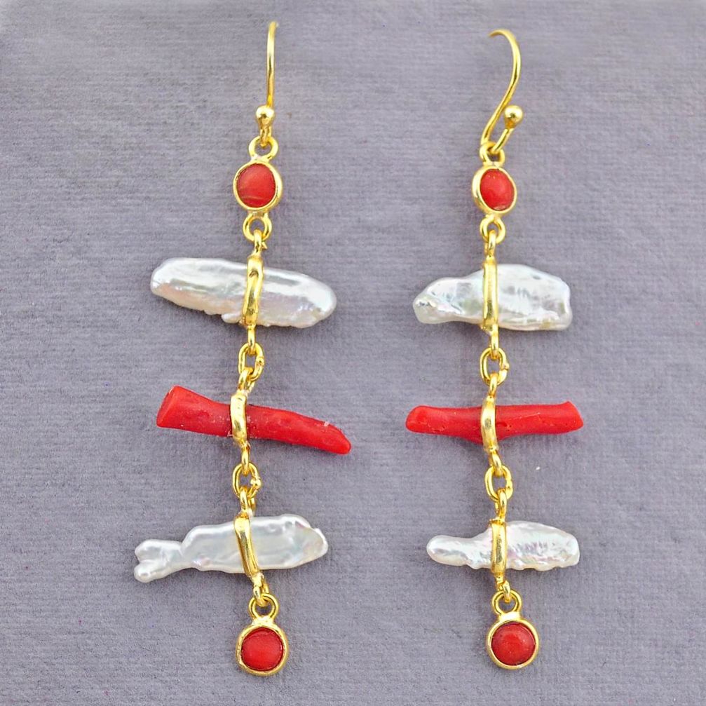 11.93cts natural red coral pearl 14k gold dangle earrings jewelry t10949