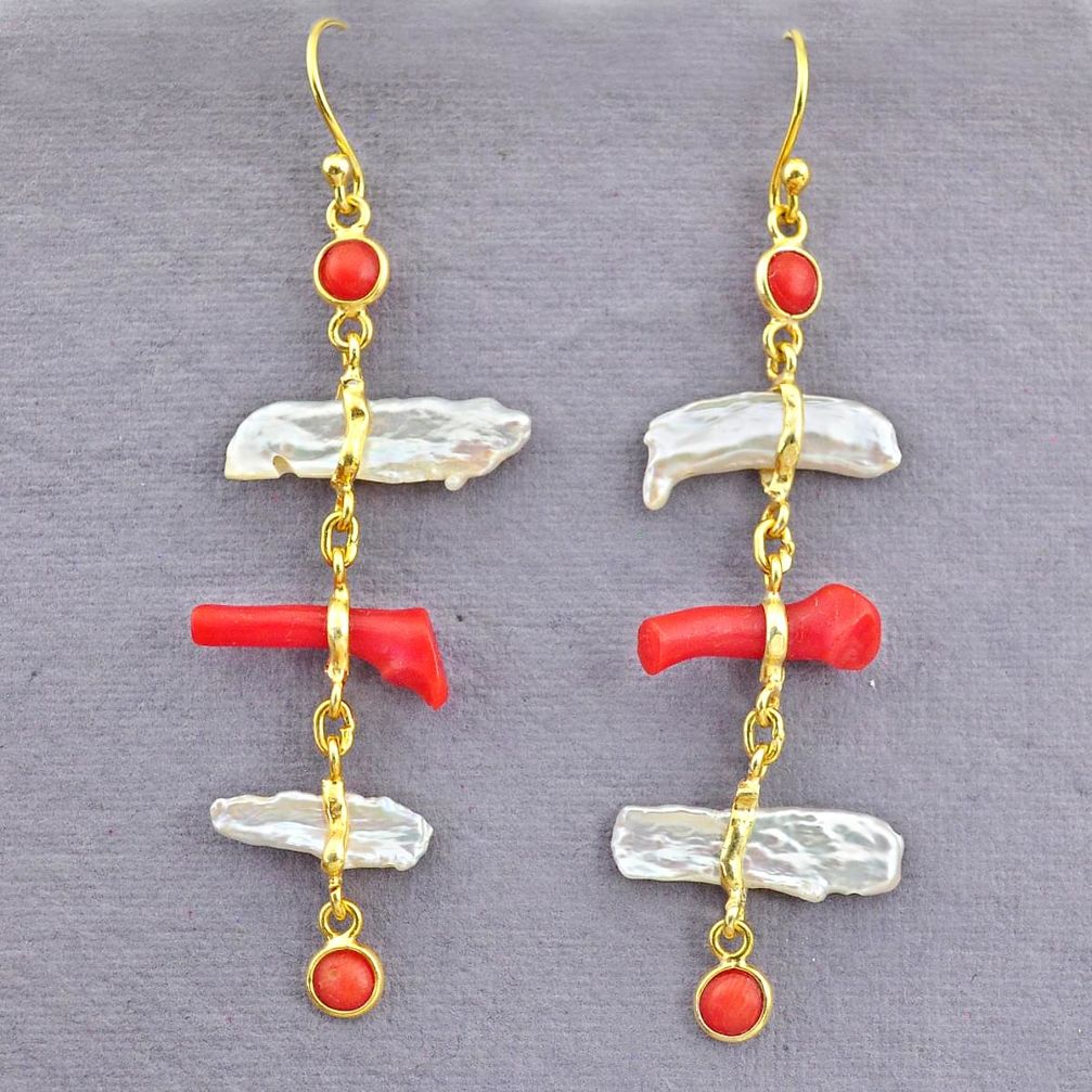 10.67cts natural red coral pearl 14k gold handmade dangle earrings t10953