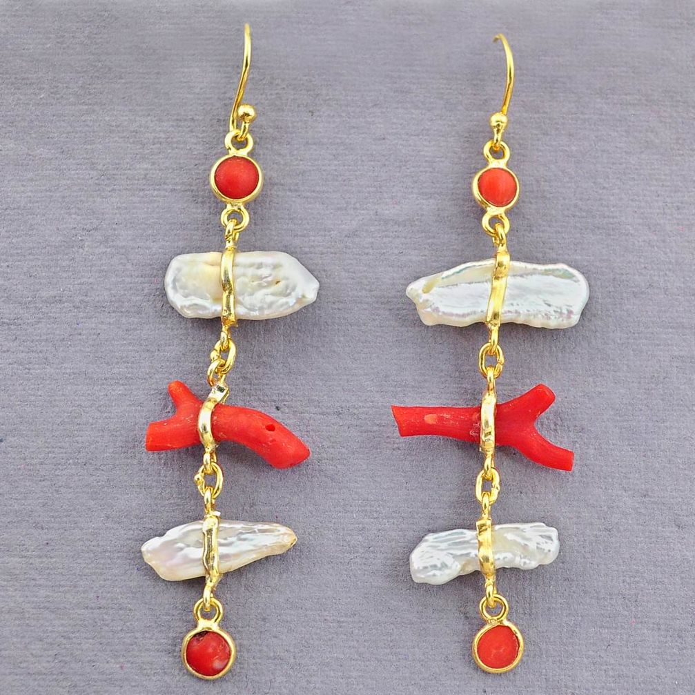 13.13cts natural red coral pearl 14k gold dangle earrings jewelry t10960