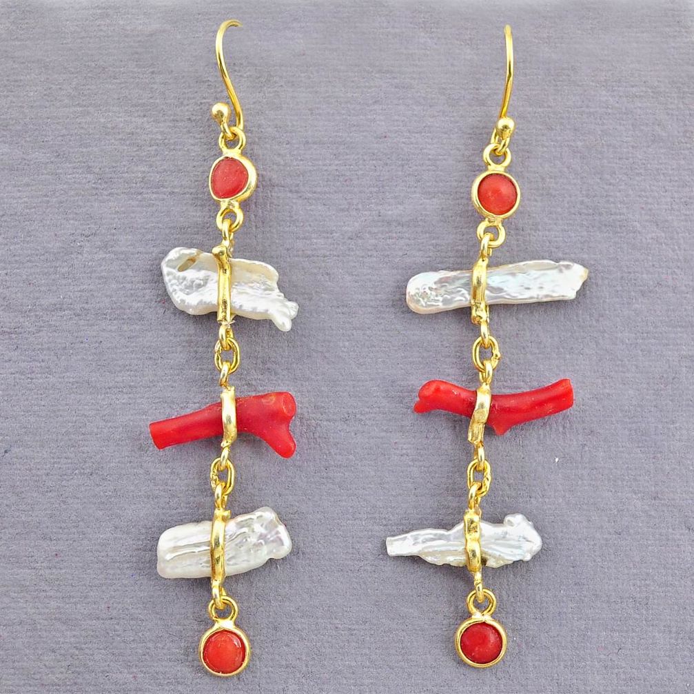 9.74cts natural red coral white pearl 14k gold dangle earrings t10957