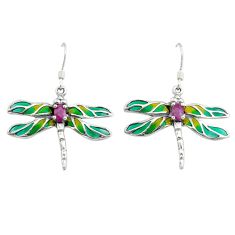 925 silver 1.74cts natural red ruby green enamel dragonfly earrings c29648