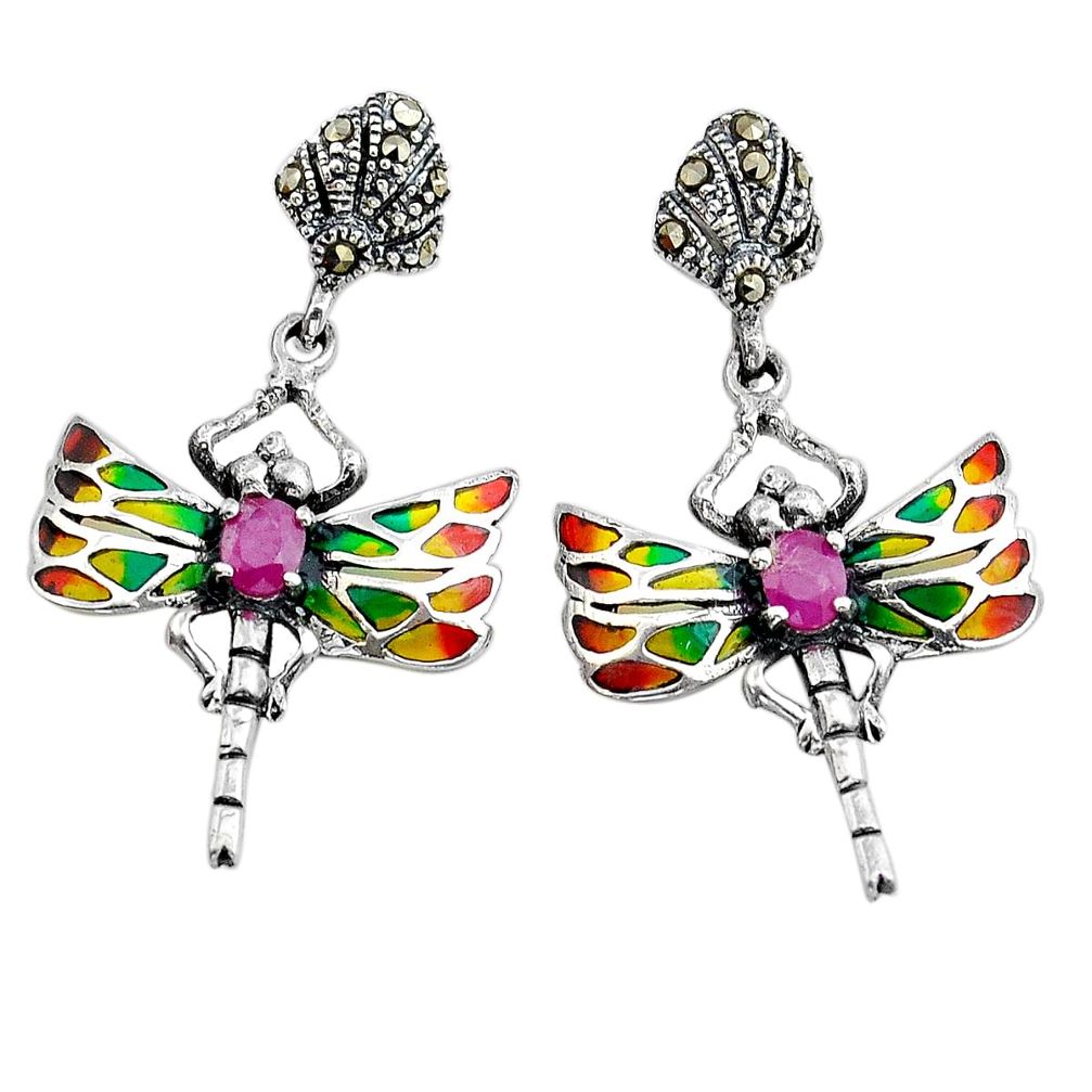 925 silver 1.40cts natural red ruby marcasite enamel dragonfly earrings c29620