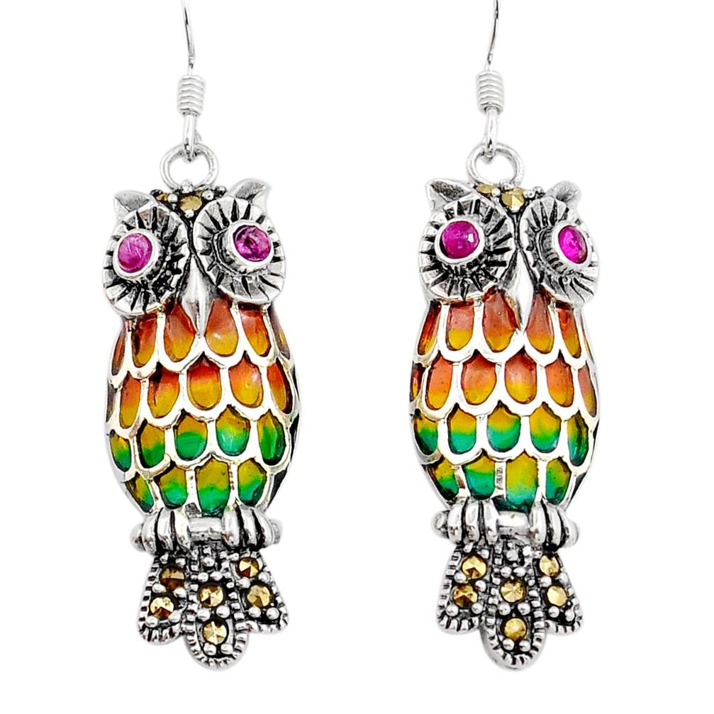 925 silver 0.61cts natural red ruby marcasite green enamel owl earrings c29585