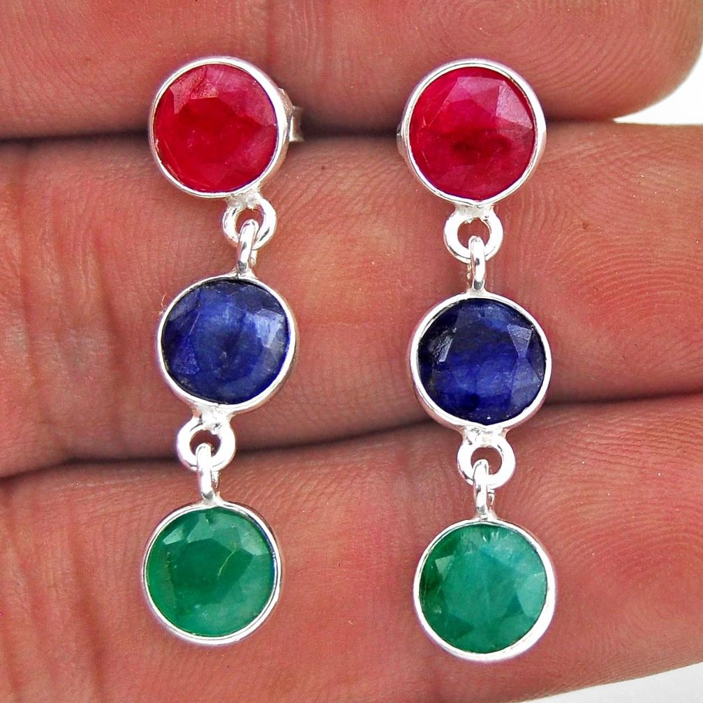 925 silver 10.67cts natural red ruby sapphire emerald dangle earrings n38898