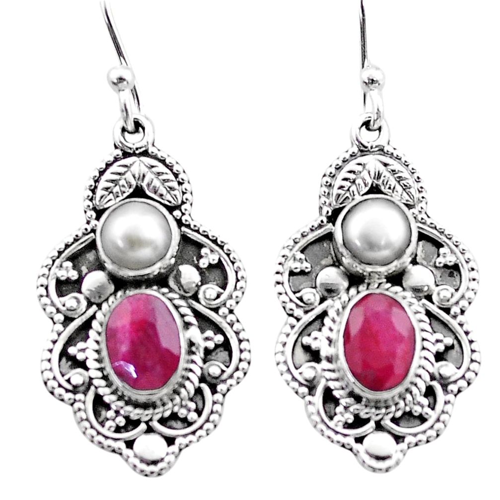 925 silver 4.52cts natural red ruby white pearl dangle earrings jewelry t69694