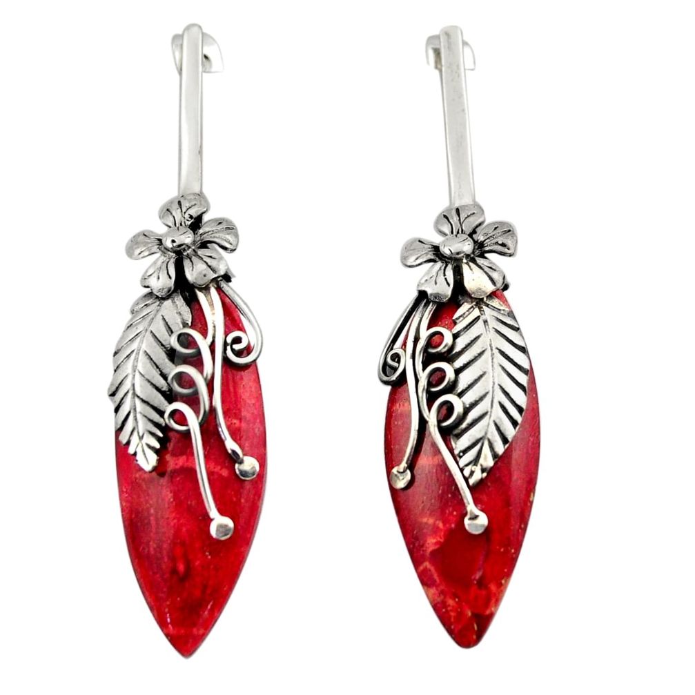 925 silver 16.85cts natural red sponge coral deltoid leaf earrings c26368