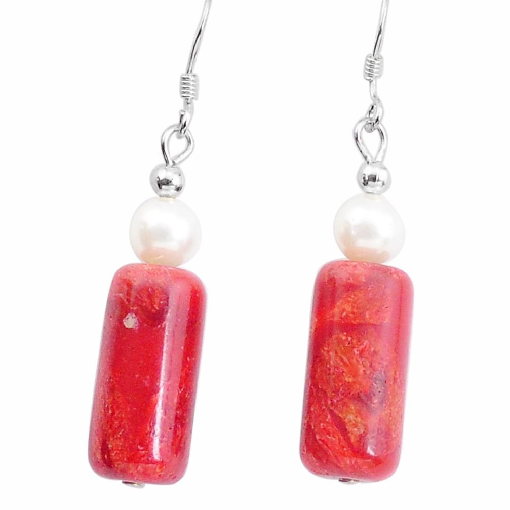 925 silver 15.01cts natural red sponge coral white pearl dangle earrings c27687