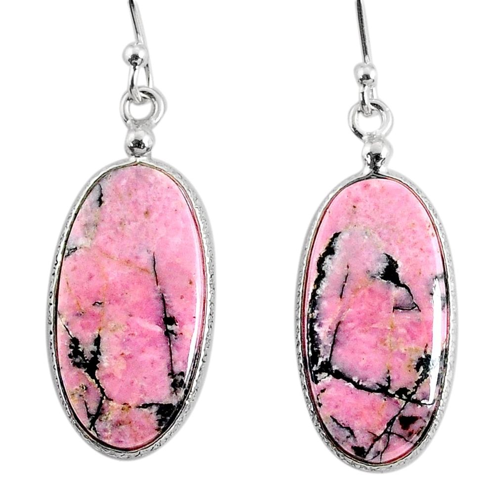 925 silver 16.04cts natural rhodonite in black manganese dangle earrings r75656