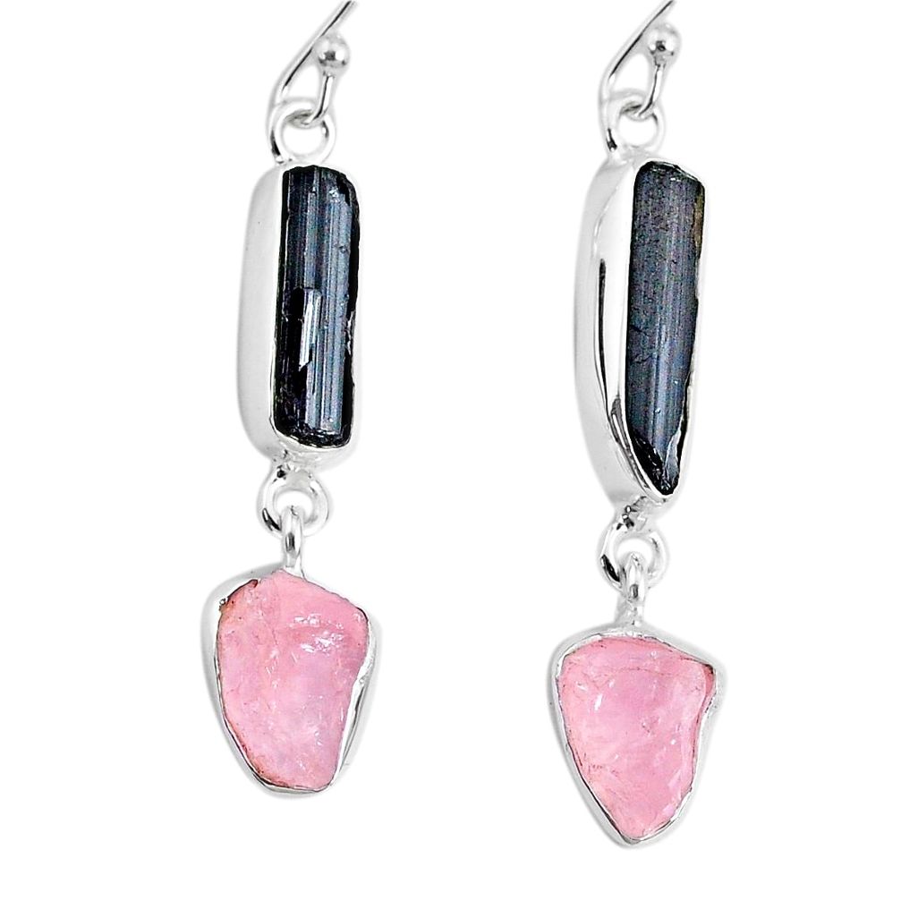 925 silver 10.71cts natural rose quartz raw black tourmaline earrings r74264