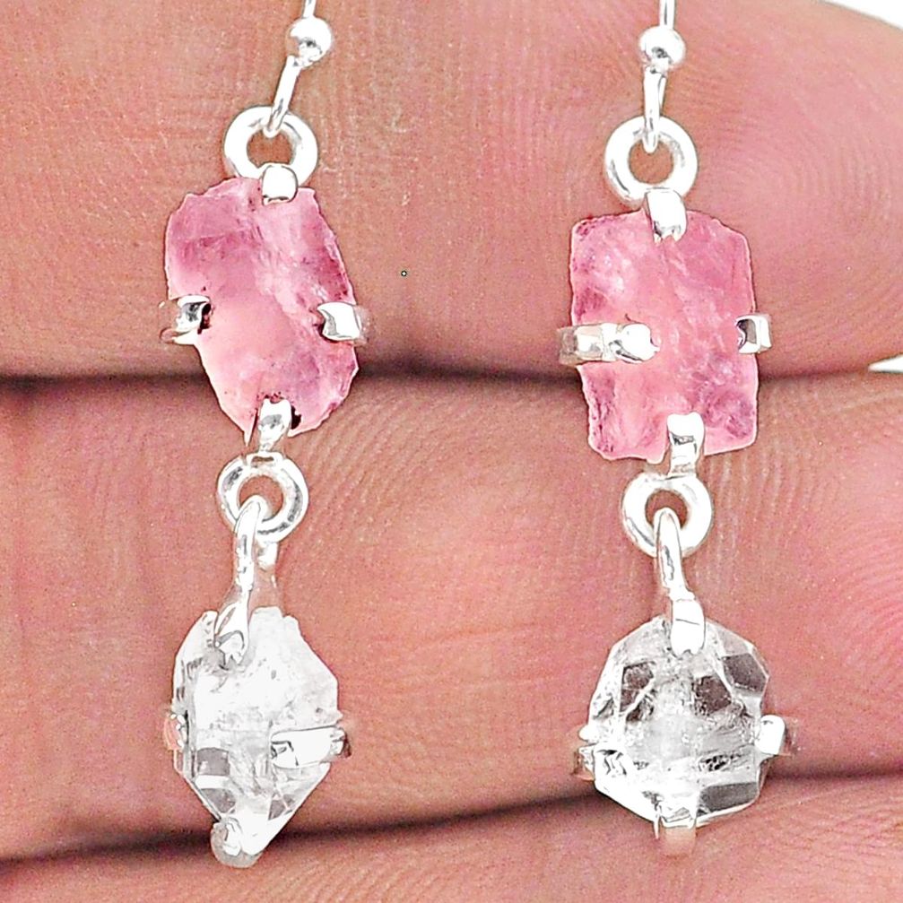 925 silver 10.37cts natural rose quartz raw herkimer diamond earrings t15260