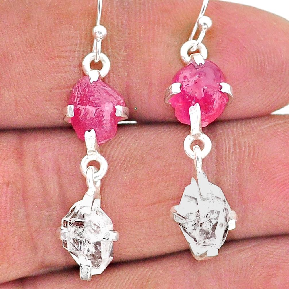 925 silver 12.12cts natural ruby raw herkimer diamond dangle earrings t15248