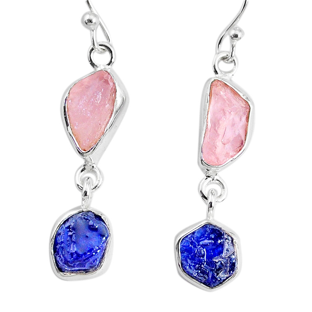 925 silver 9.37cts natural sapphire rose quartz raw dangle earrings r74278