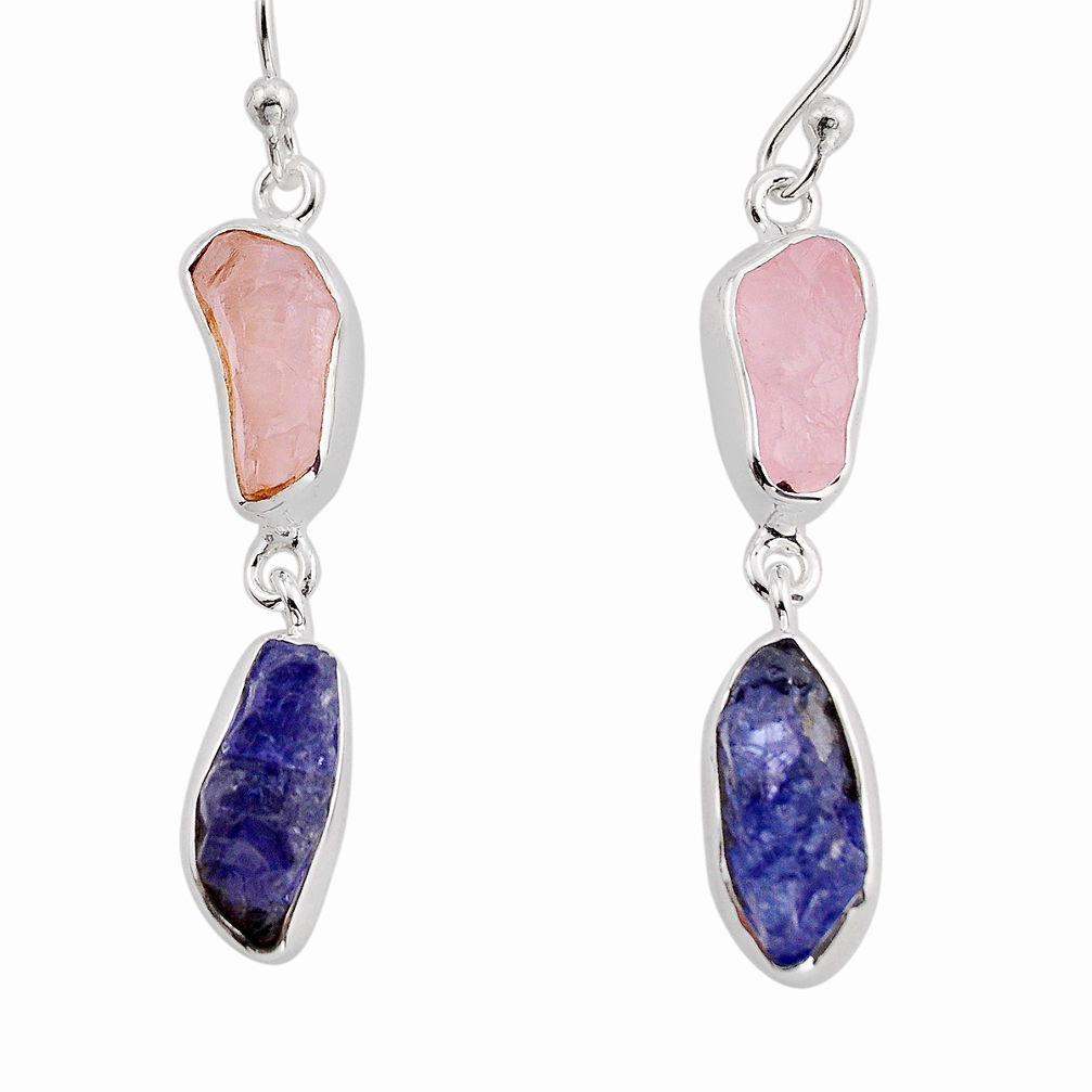 925 silver 11.58cts natural tanzanite rose quartz rough dangle earrings y93946