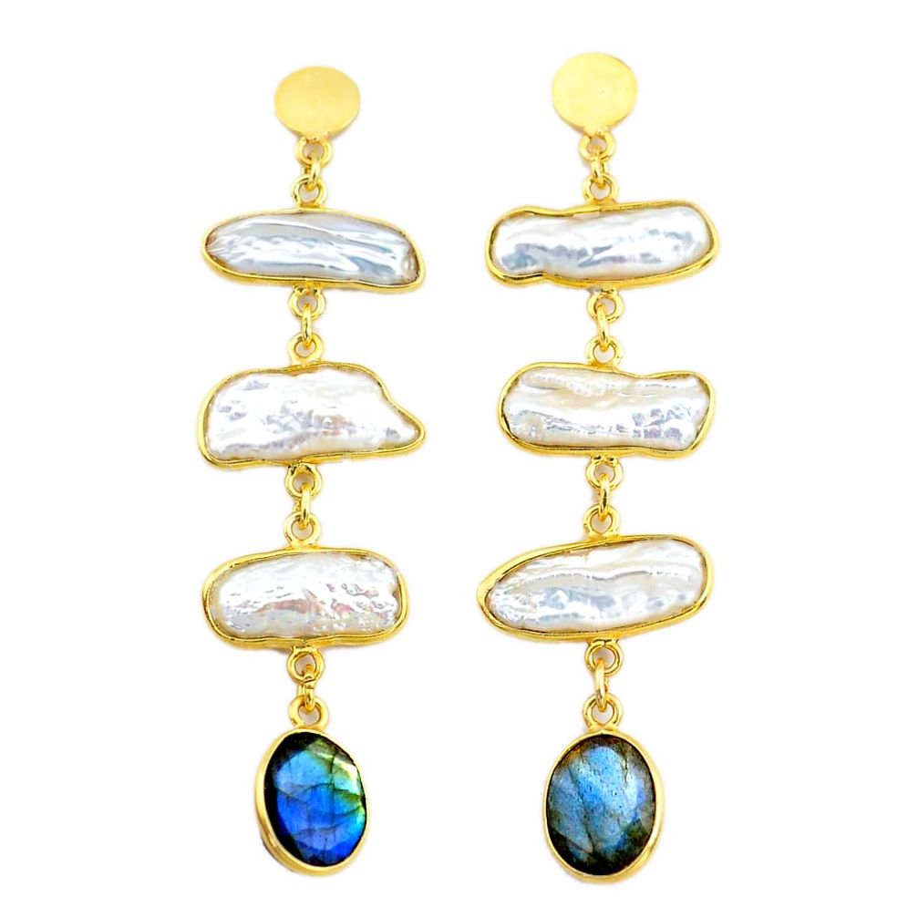 Handmade19.40cts natural white pearl 14k gold dangle earrings t16680