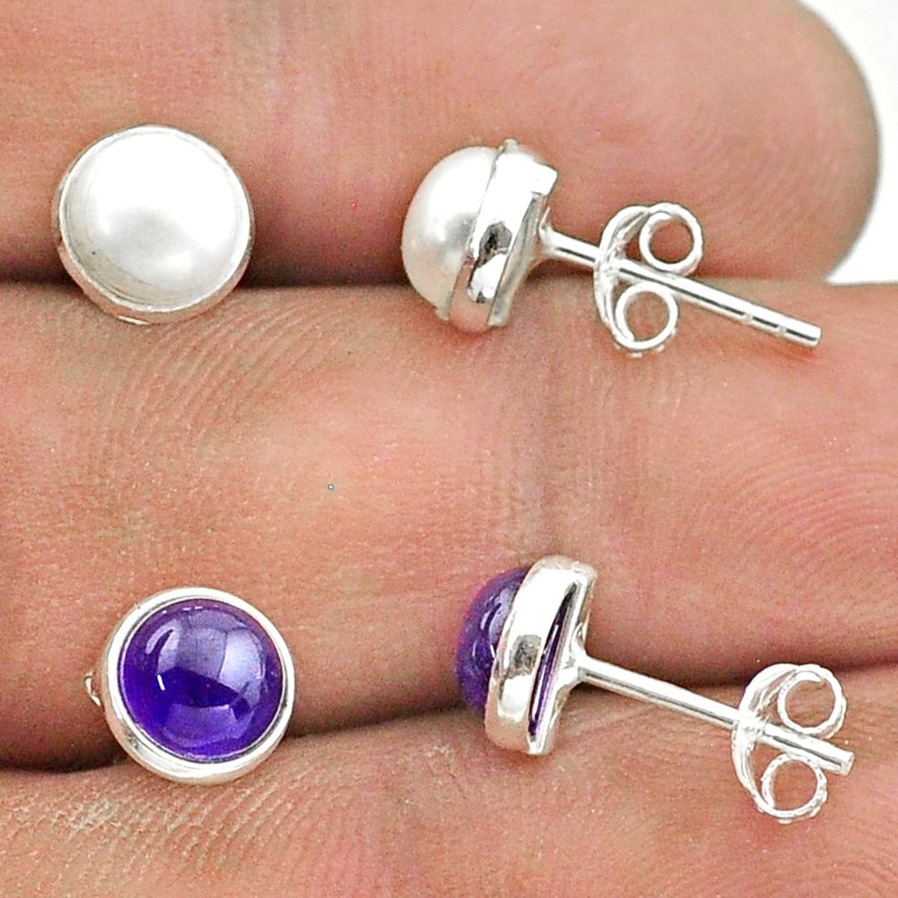 925 silver 5.06cts natural white pearl amethyst 2 pair studs earrings t50857