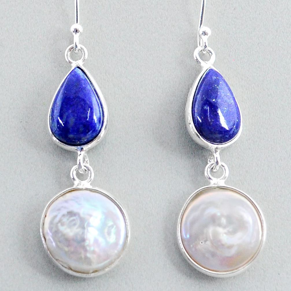 925 silver 13.43cts natural white pearl blue lapis lazuli dangle earrings t37247