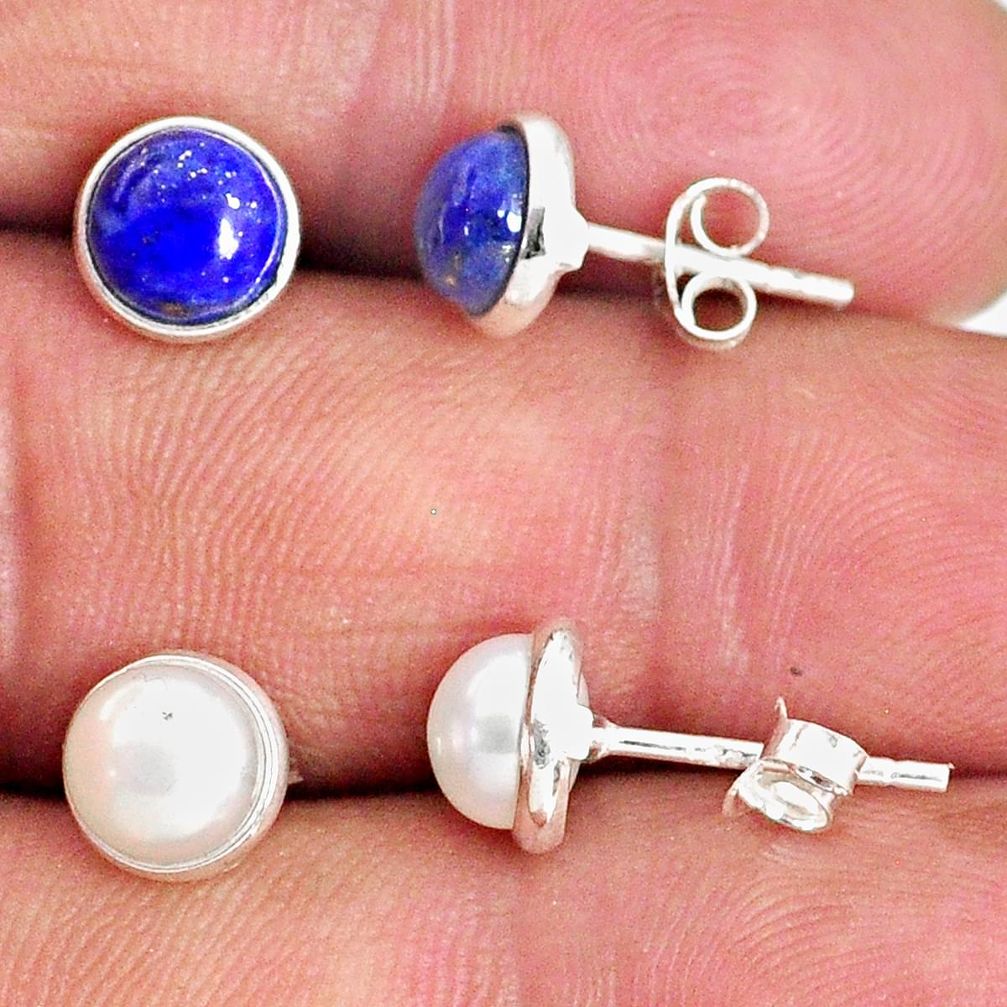 925 silver 4.85cts natural white pearl blue lapis lazuli stud earrings r65520