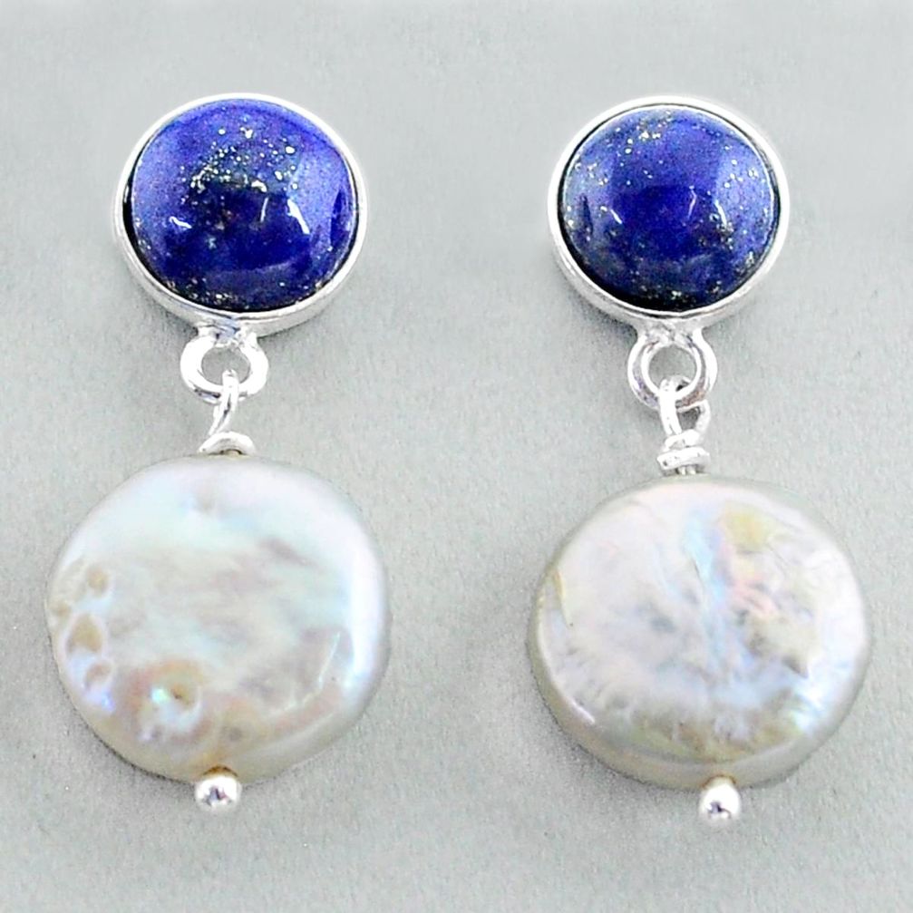 925 silver 13.54cts natural white pearl lapis lazuli dangle earrings t37256